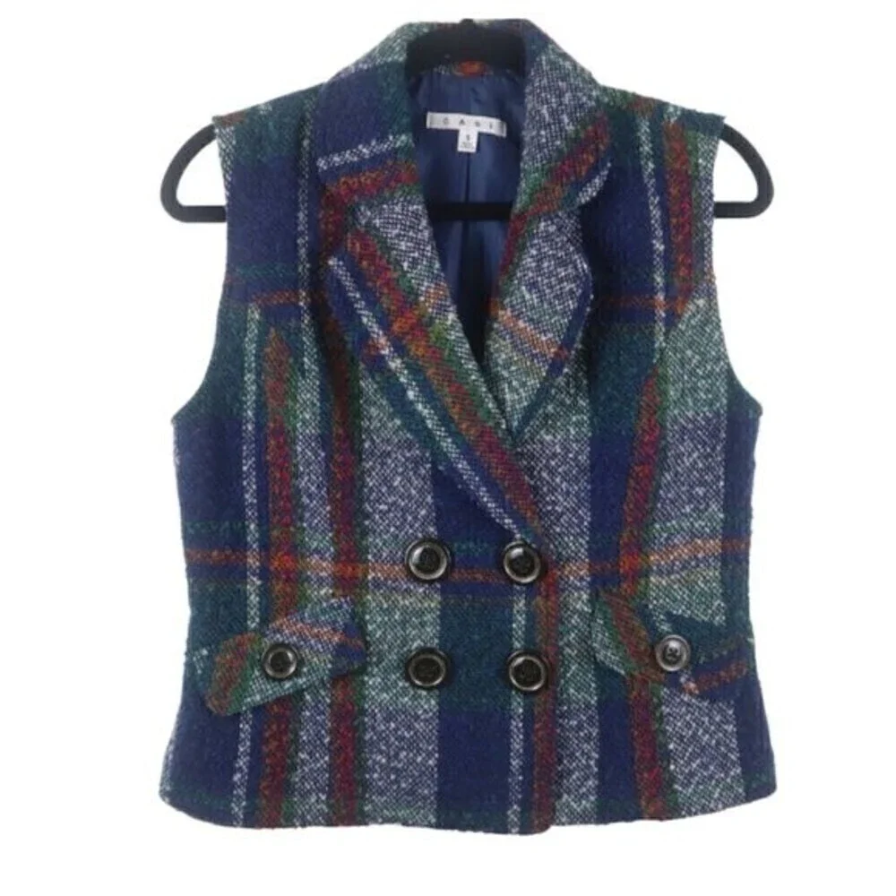 Cabi Size S Wool Plaid Double Breasted Sleeveless Vest Sweater Holiday Party